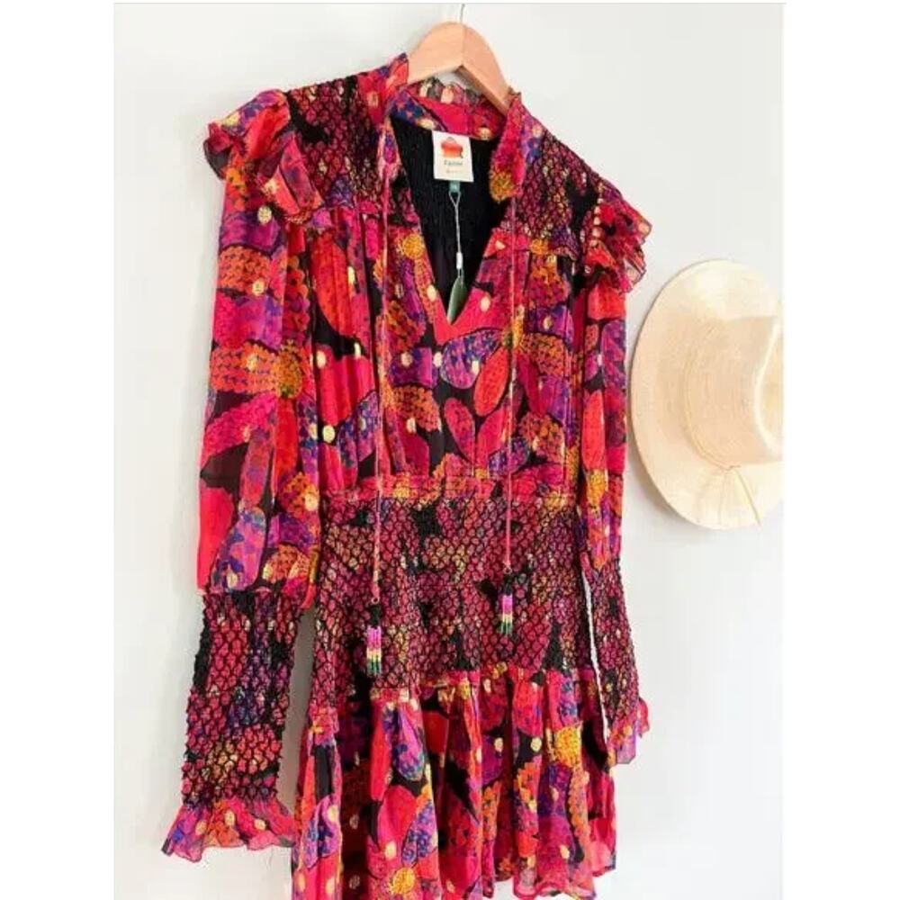 Farm Rio | NWT Heart Daisy Smocked Mini Dress Floral Long Sleeve | Sz XS - Picture 2 of 12